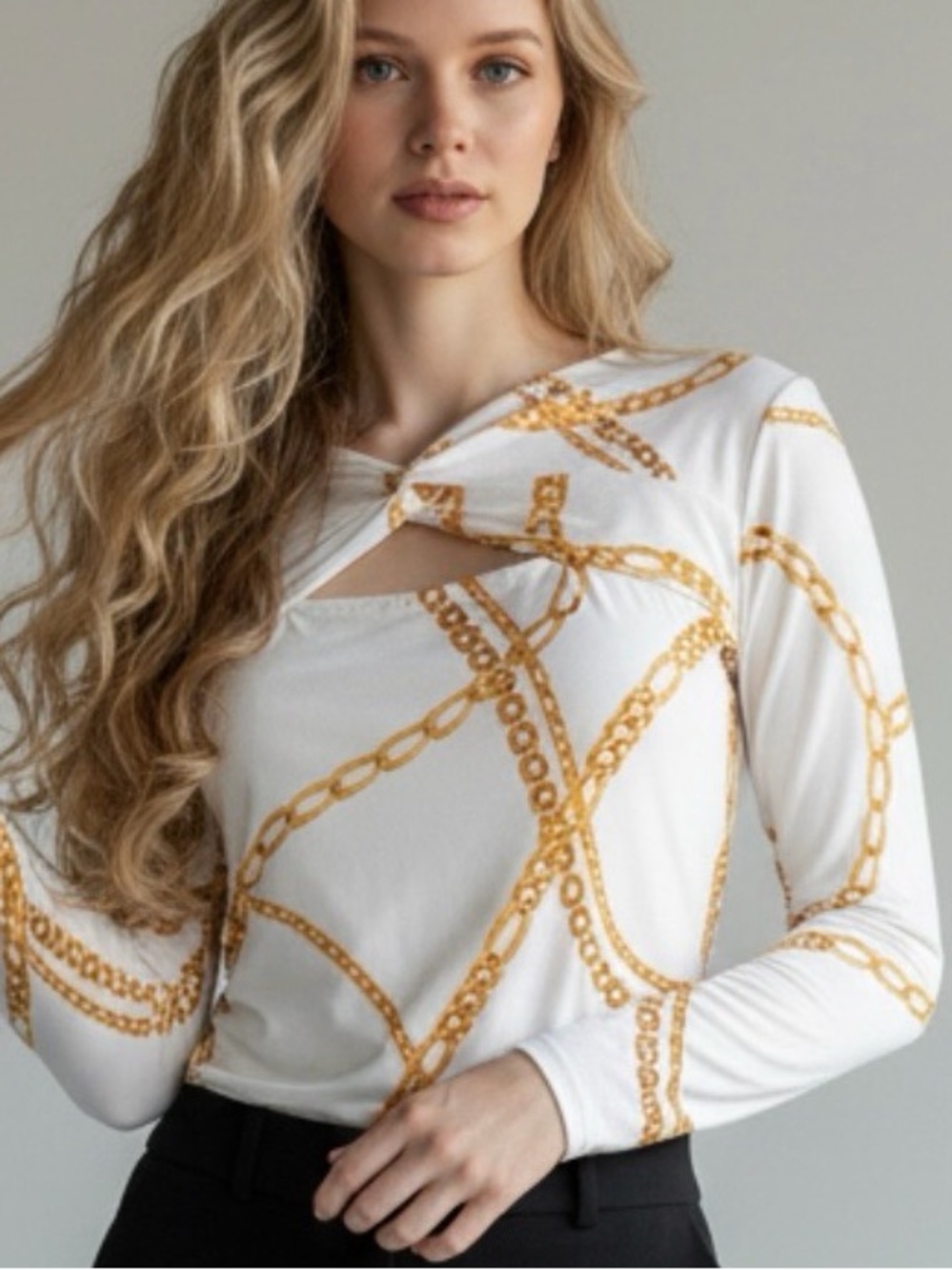 BOLD elements White Long-Sleeve Twist Front Top with Gold Chain Print